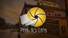 Pens to Lens logo in front of an image of the Virginia Theatre